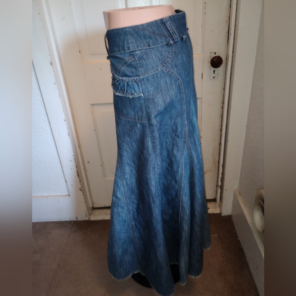 Long Maxi Skirt jeans Distressed boho hippie flare 10 M Mermaid Flare Retro